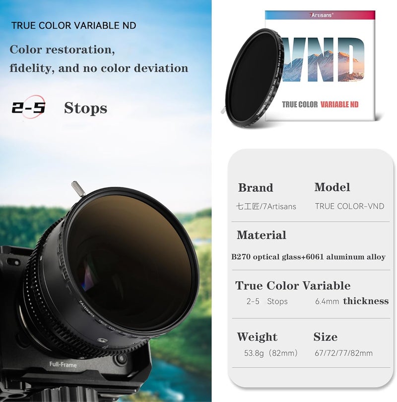 7artisans 67/72/77/82mm True Color VND (2-5 Stops) Variable Neutral Density Filter,Adjustable ND Filter Water Repellent and Scratch Resistant for Camera Lens (72mm) - Image 2